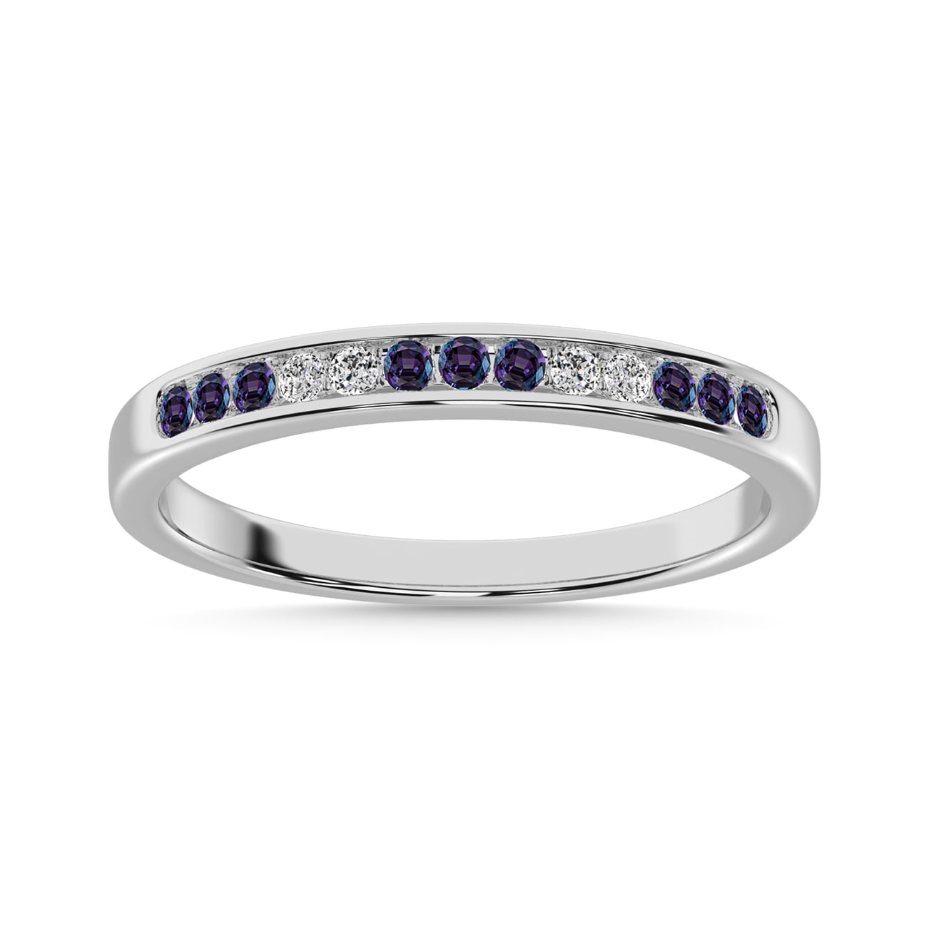 Synthetic Alexandrite and Alternate Diamond 1/4 Ct.Tw. Ladies Machine Band in 14K White Gold