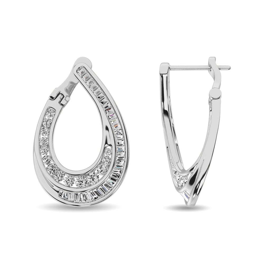 Diamond 1 Ct.Tw. Round and Baguette Hoop Earrings in 14K White Gold