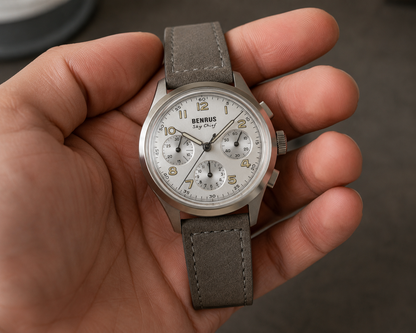 BENRUS Sky-Chief Cirrus White 36mm ETA 2894 COSC Swiss Chronograph Swiss Made Watch