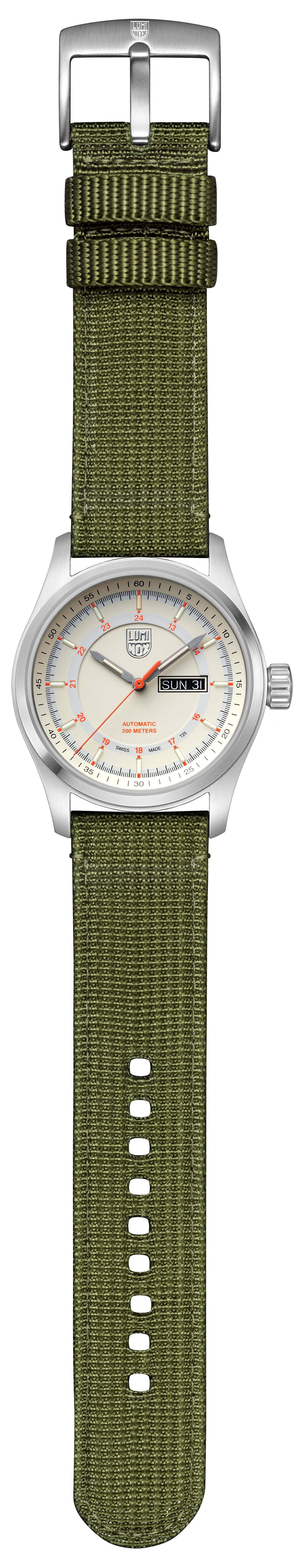 Luminox Atacama Desert Automatic Watch  White Dial, Orange Accents, Army Green Strap, Swiss Made XL.1907.NF