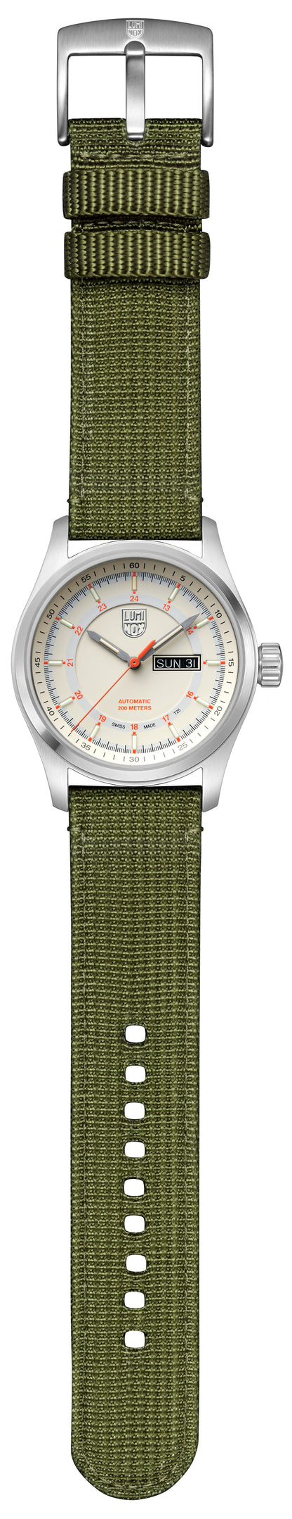 Luminox Atacama Desert Automatic Watch  White Dial, Orange Accents, Army Green Strap, Swiss Made XL.1907.NF