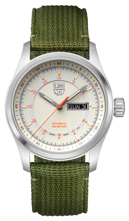 Luminox Atacama Desert Automatic Watch  White Dial, Orange Accents, Army Green Strap, Swiss Made XL.1907.NF