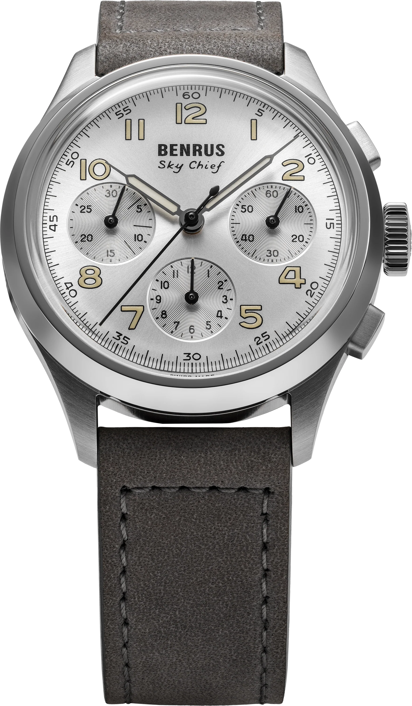 BENRUS Sky-Chief Cirrus White 36mm ETA 2894 COSC Swiss Chronograph Swiss Made Watch