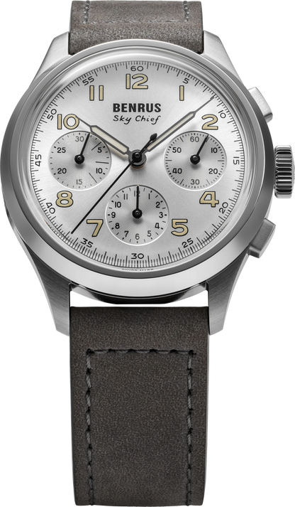 BENRUS Sky-Chief Cirrus White 36mm ETA 2894 COSC Swiss Chronograph Swiss Made Watch