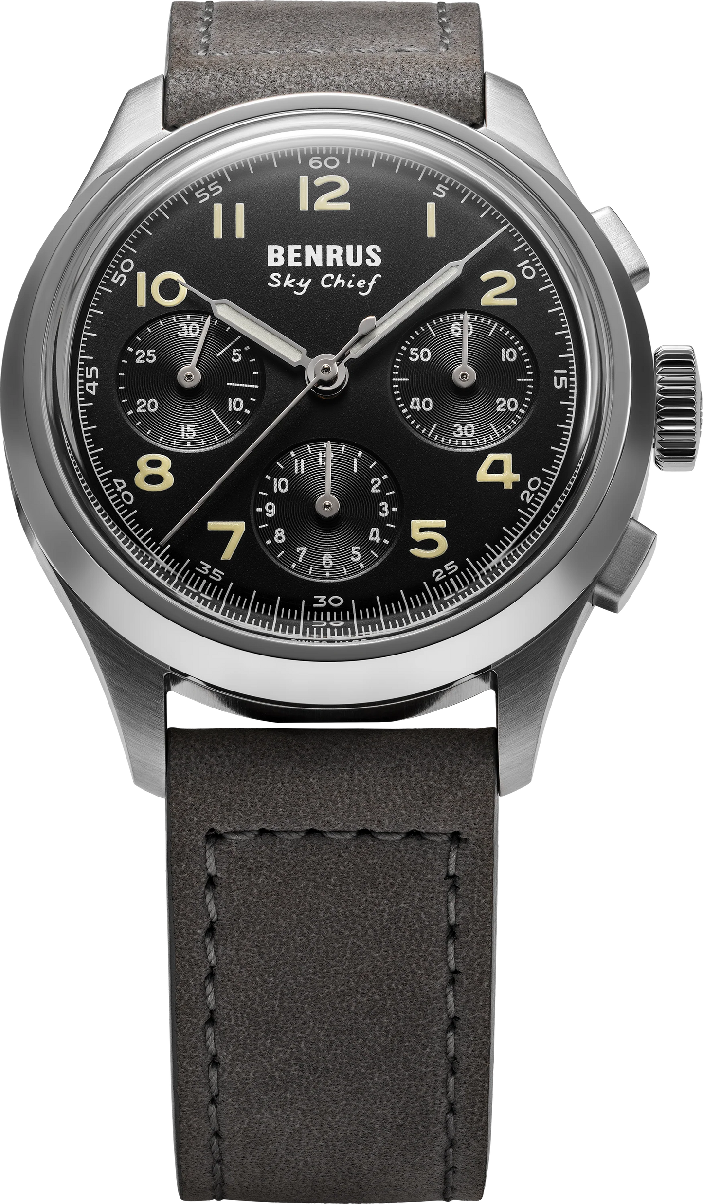 BENRUS Sky Chief Swiss Made Automatic Chronograph COSC 100M Leather Strap 36mm Watch