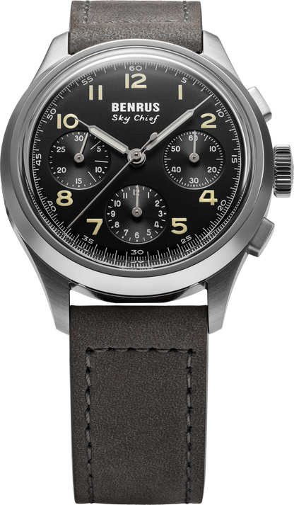 BENRUS Sky Chief Swiss Made Automatic Chronograph COSC 100M Leather Strap 36mm Watch