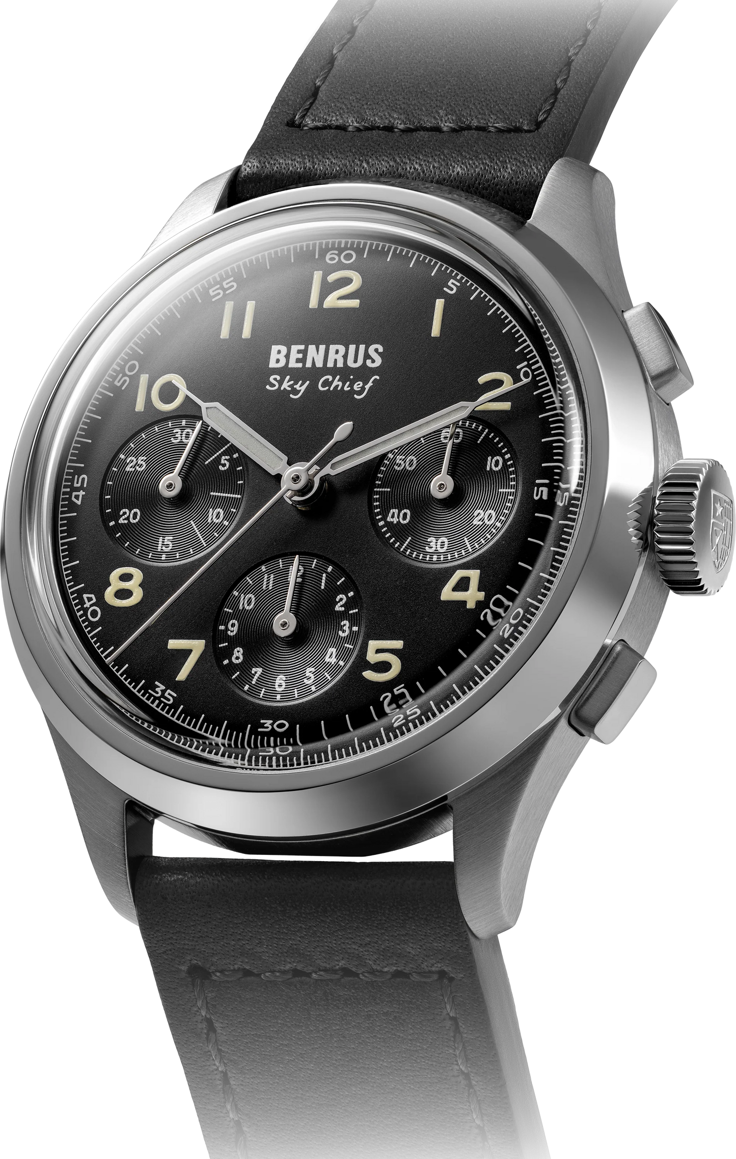 BENRUS Sky Chief Swiss Made Automatic Chronograph COSC 100M Leather Strap 36mm Watch