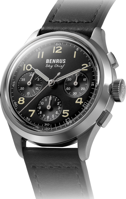 BENRUS Sky Chief Swiss Made Automatic Chronograph COSC 100M Leather Strap 36mm Watch