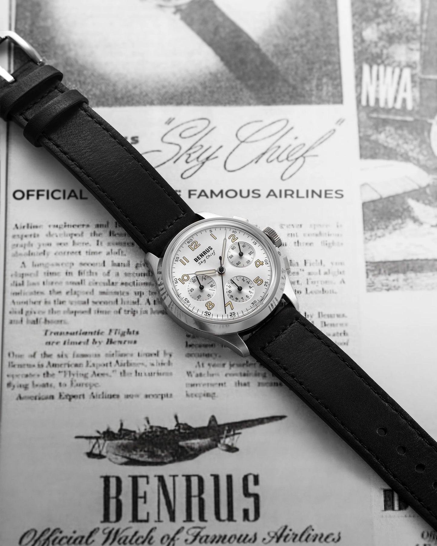 BENRUS Sky-Chief Cirrus White 36mm ETA 2894 COSC Swiss Chronograph Swiss Made Watch
