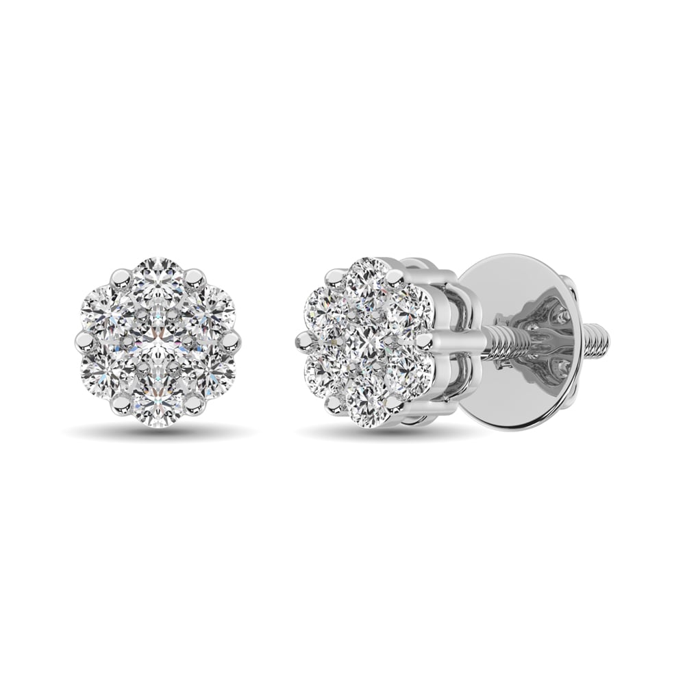 14K White Gold 3/4 Ct.Tw. Diamond Flower Studs Earrings