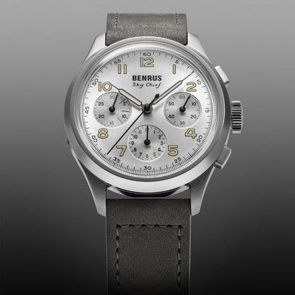 BENRUS Sky-Chief Cirrus White 36mm ETA 2894 COSC Swiss Chronograph Swiss Made Watch