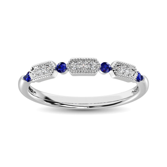 14K White Gold Alternate Diamond 1/5 Ct.tw and Blue Sapphire Ring