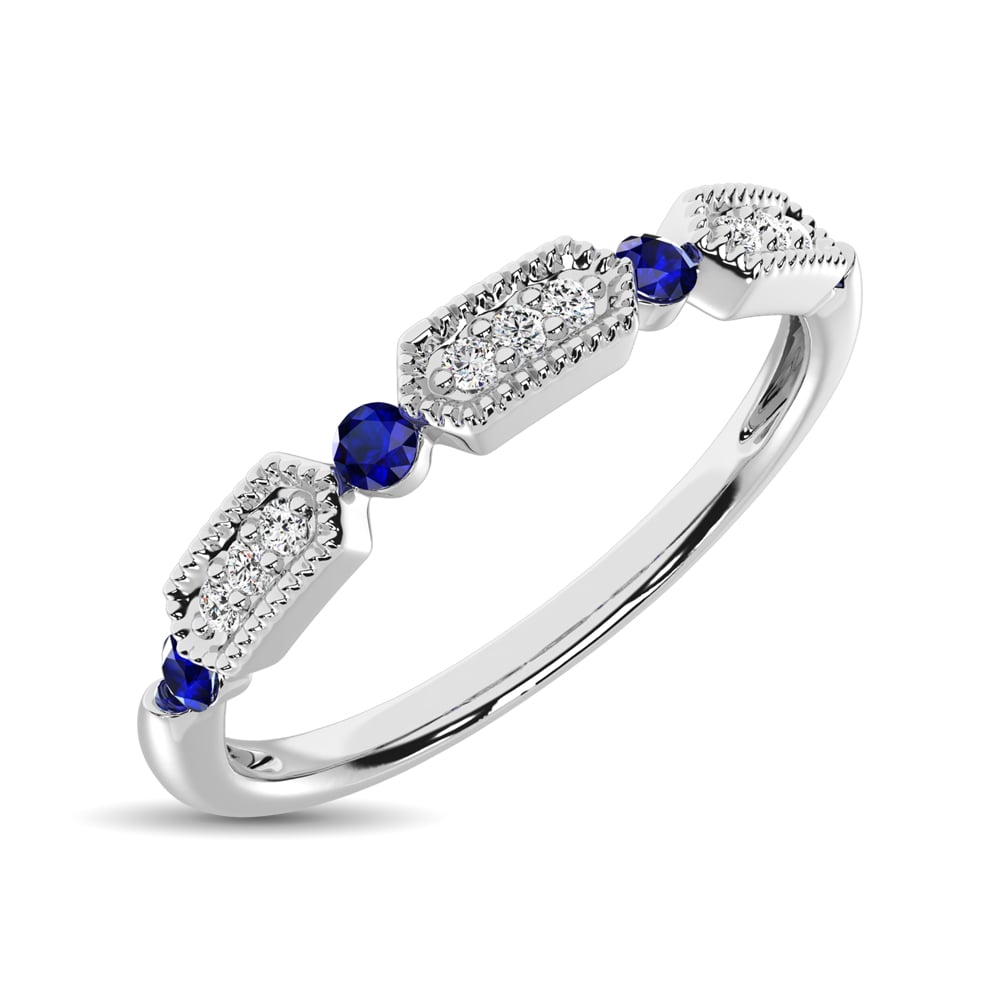 14K White Gold Alternate Diamond 1/5 Ct.tw and Blue Sapphire Ring
