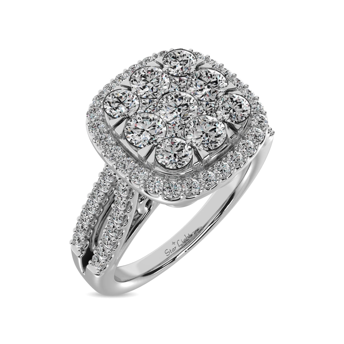 Diamond 1 1/2 Ct.tw Two Row Shank Halo Engagement Ring in 14K White Gold