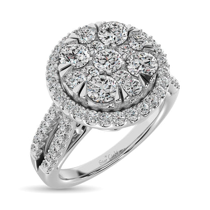 Diamond Two Row Shank Halo Engagement Ring 1 1/2 Ct.tw in 14K White Gold