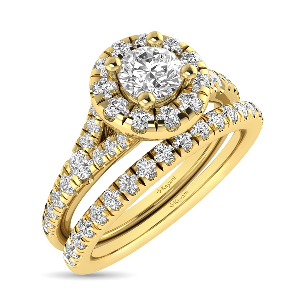 Diamond Split Shank Single Halo Bridal Ring 1 Ct.tw Round Cut in 14K Yellow Gold