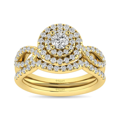 Diamond Twist Shank Double Halo Bridal Ring 1 Ct.tw Round Cut in 14K Yellow Gold