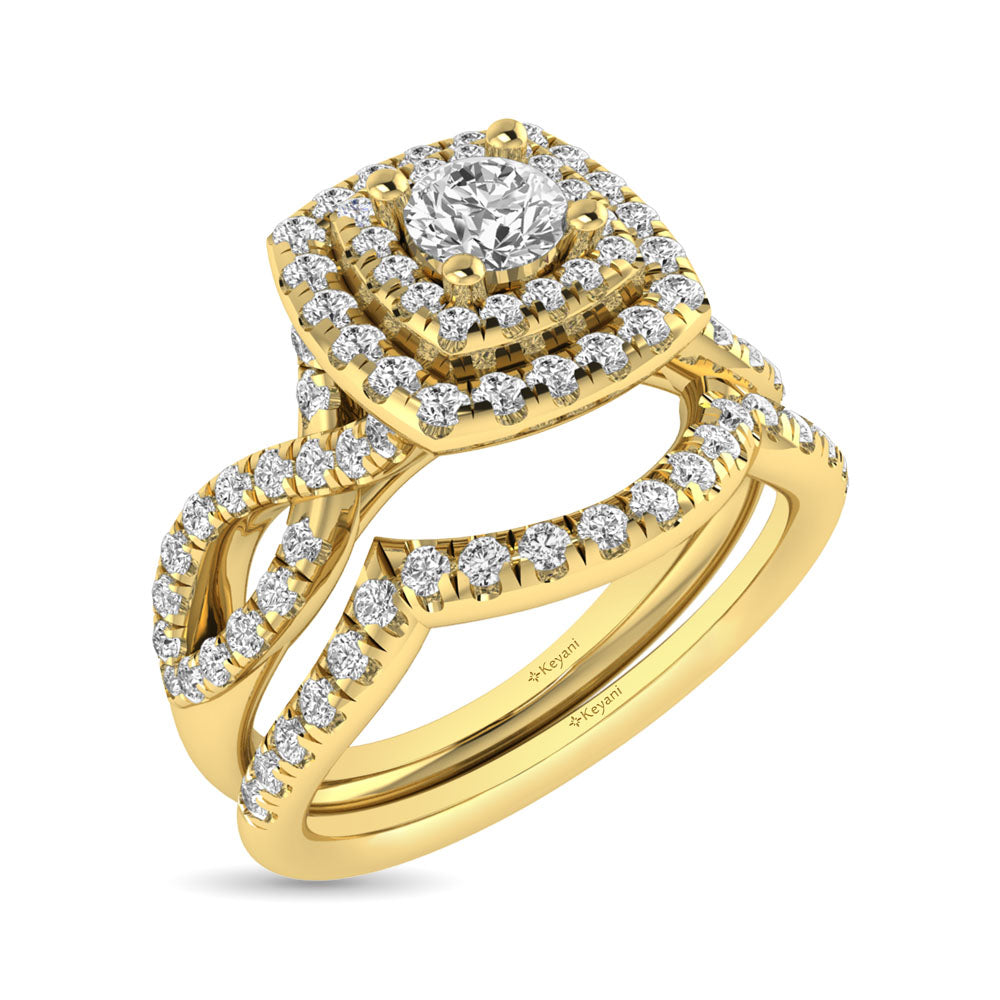 Diamond Twist Shank Double Halo Bridal Ring 1 Ct.tw Round Cut in 14K Yellow Gold