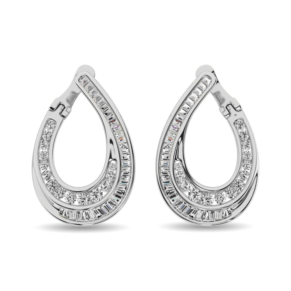 Diamond 1 Ct.Tw. Round and Baguette Hoop Earrings in 14K White Gold