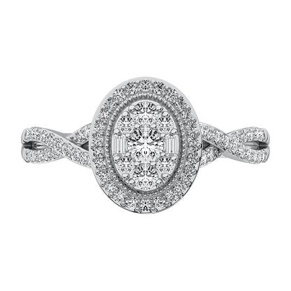 14K White Gold 1/2 Ct.Tw. Diamond Round and Baguette Oval Shape Engagement Ring