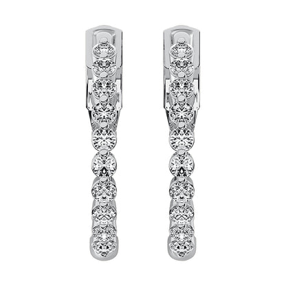 14K White Gold 1 Ct.Tw. Diamond Round Set Hoop Earrings