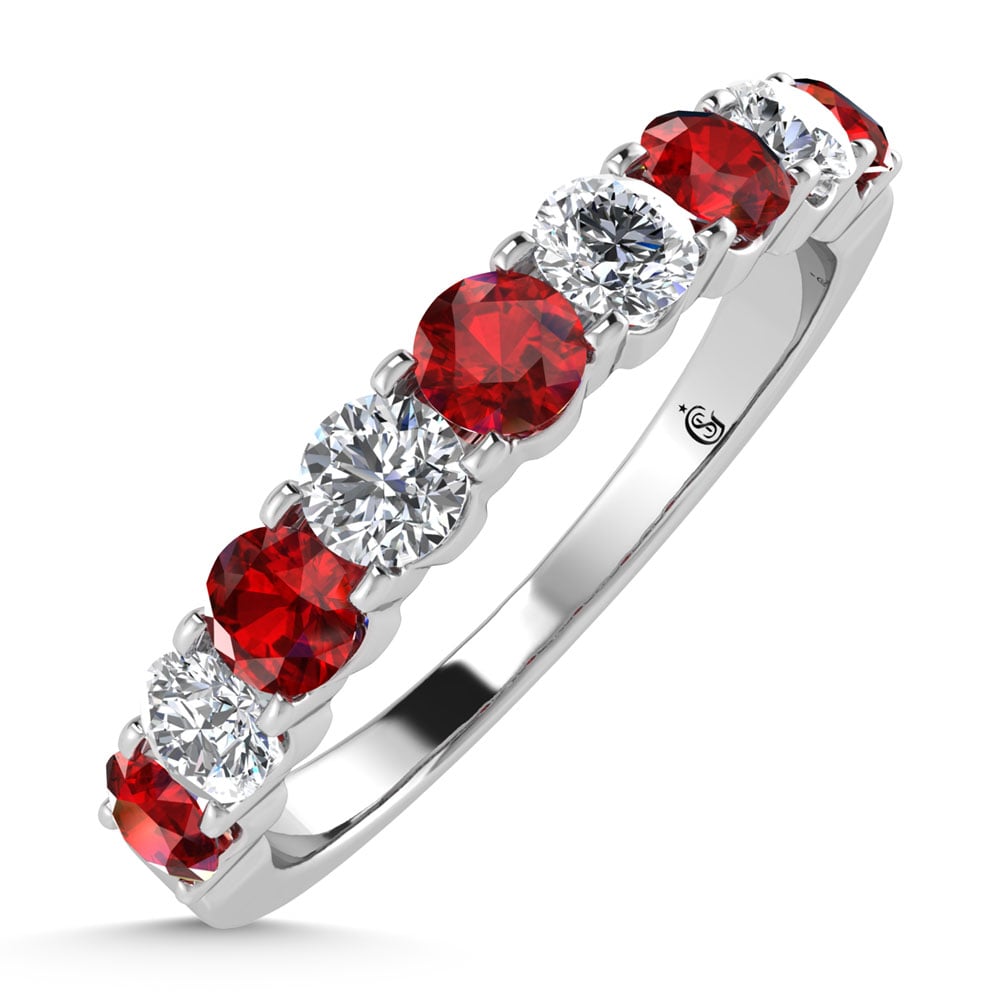 14K White Gold Machine Set Alternate Ruby and Diamond 7/8 Ct.Tw. Band