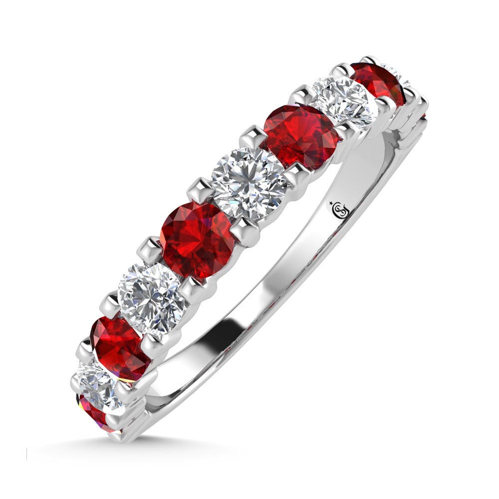 14K White Gold Machine Set Alternate Ruby and Diamond 7/8 Ct.Tw. Band