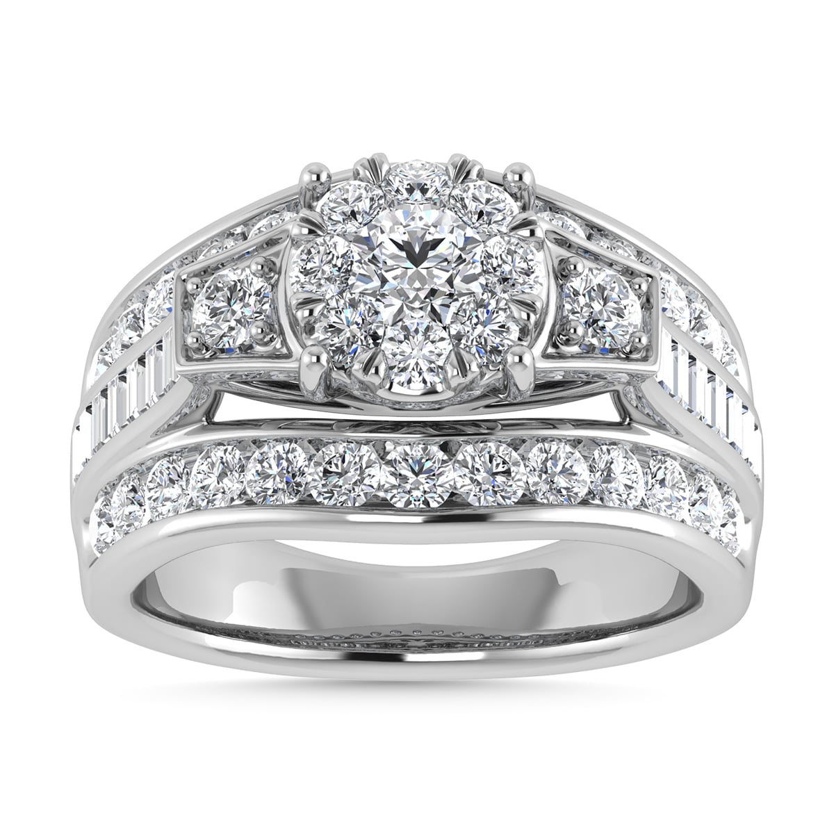 Diamond 2 Ct.Tw. Round and Flat Straight Baguette Engagement Ring in 14K White Gold