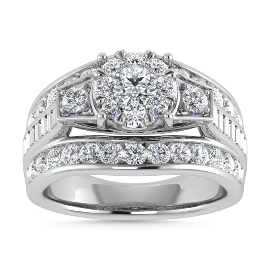 Diamond 2 Ct.Tw. Round and Flat Straight Baguette Engagement Ring in 14K White Gold