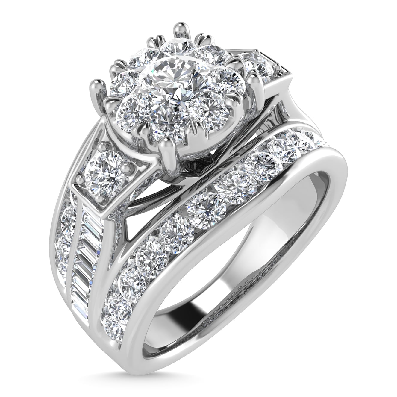 Diamond 2 Ct.Tw. Round and Flat Straight Baguette Engagement Ring in 14K White Gold