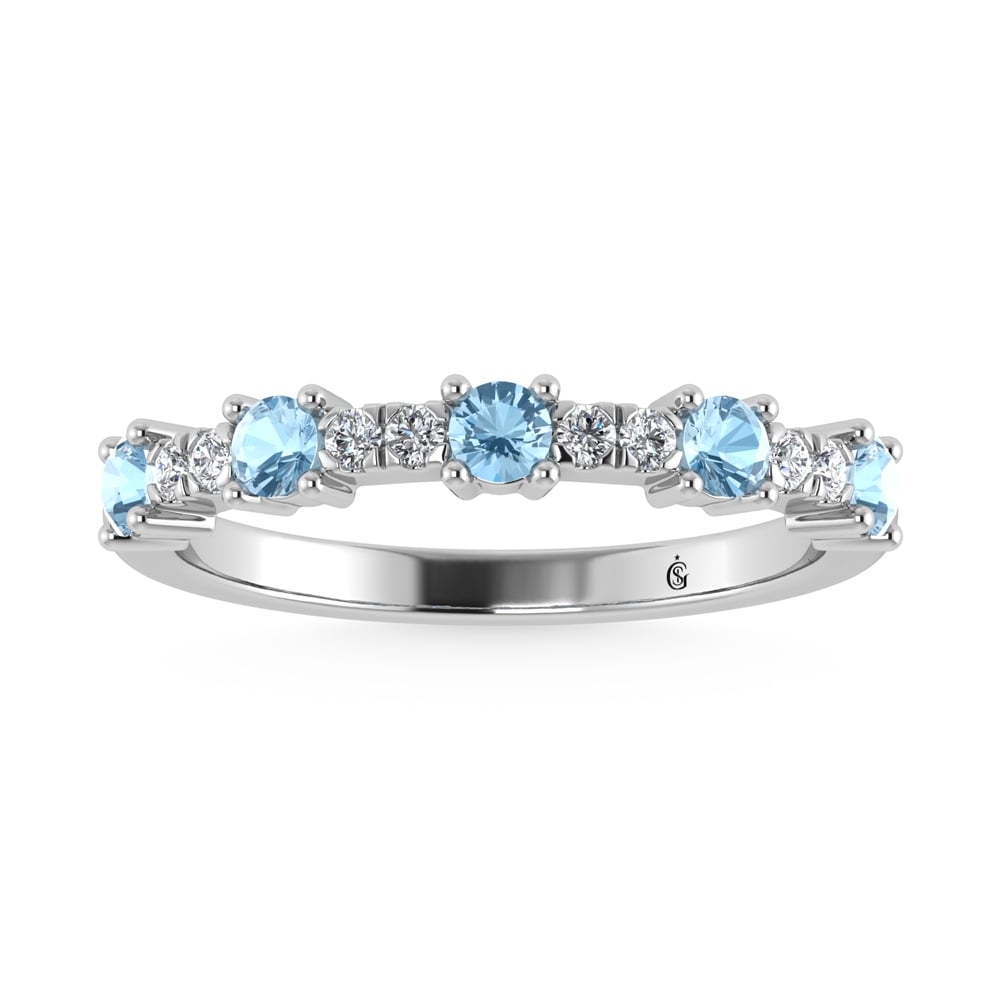 14K White Gold Diamond 3/8 Ct. Tw. Alternate Diamond and Aquamarine Stackable Band