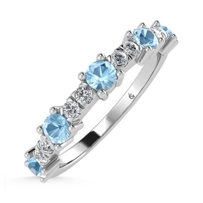 14K White Gold Diamond 3/8 Ct. Tw. Alternate Diamond and Aquamarine Stackable Band