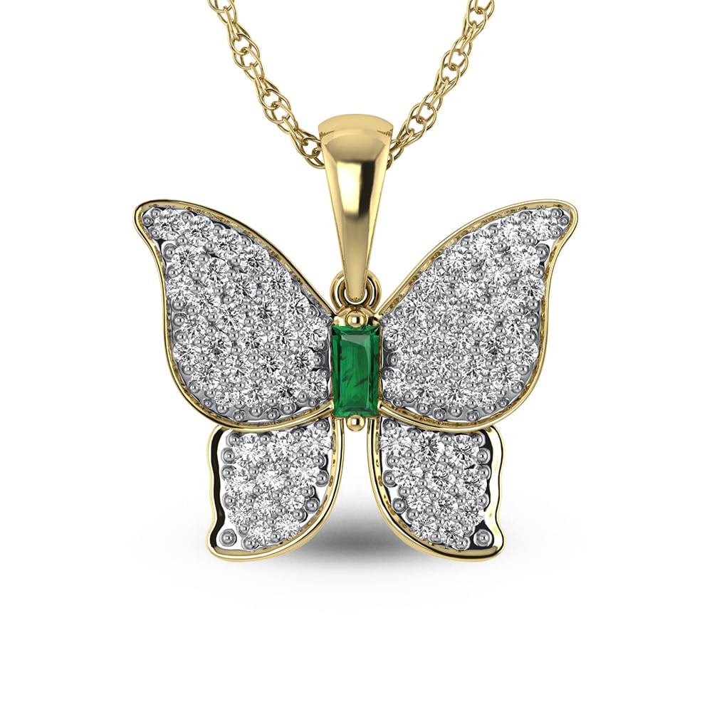 14K Yellow Gold Diamond 3/4 Ct.Tw. & Emerald Butterfly Pendant