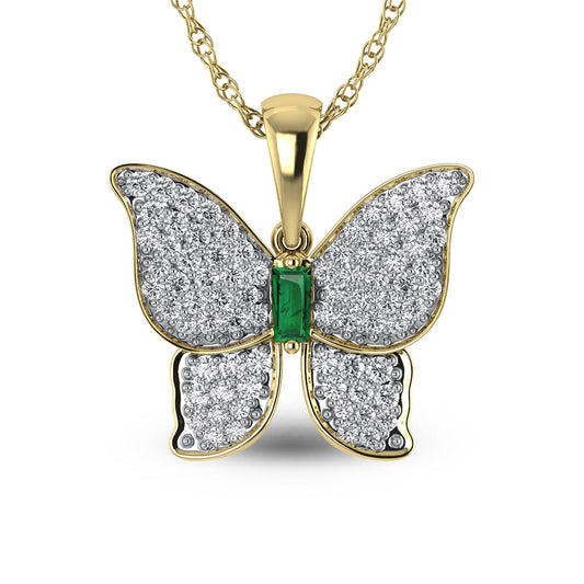 14K Yellow Gold Diamond 3/4 Ct.Tw. & Emerald Butterfly Pendant