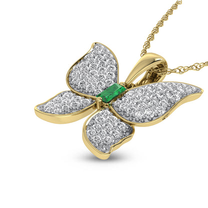 14K Yellow Gold Diamond 3/4 Ct.Tw. & Emerald Butterfly Pendant