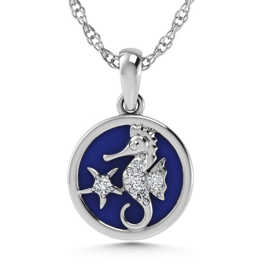 14K White Gold Diamond 7/8 Ct.Tw. Mother of Pearl Sea Horse Pendant