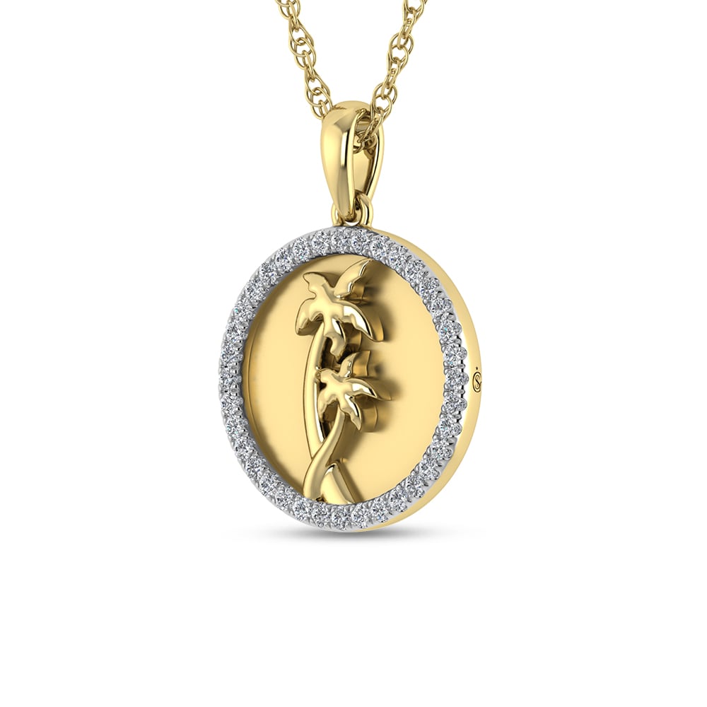 14K Yellow Gold 1/6 Ct.Tw. Diamond Sea Of Life palm Tree Pendant