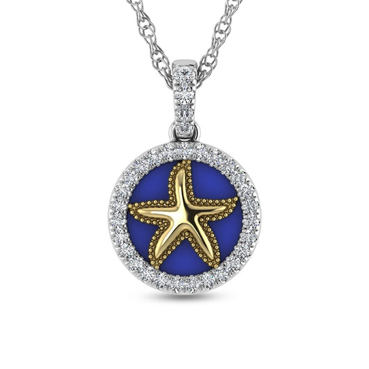 14K Two Tone 1/6 Ct.Tw. Diamond And Mother of Pearl Sea Of Life Star Fish Pendant