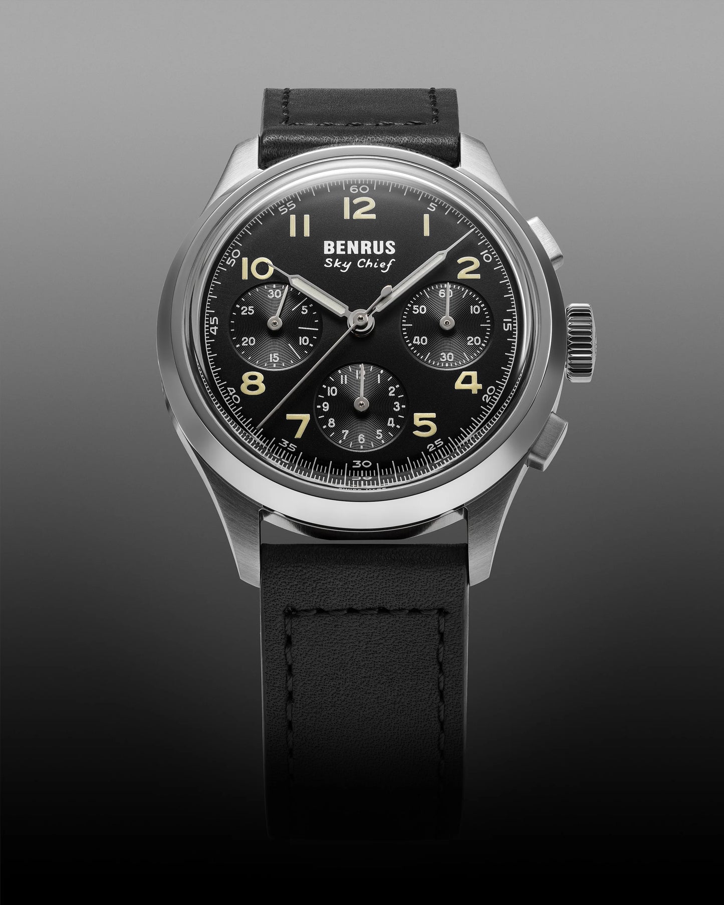 BENRUS Sky Chief Swiss Made Automatic Chronograph COSC 100M Leather Strap 36mm Watch