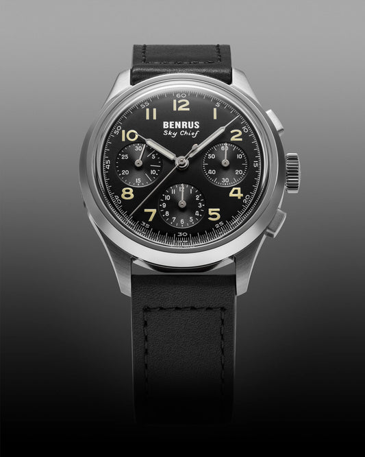 BENRUS Sky Chief Swiss Made Automatic Chronograph COSC 100M Leather Strap 36mm Watch