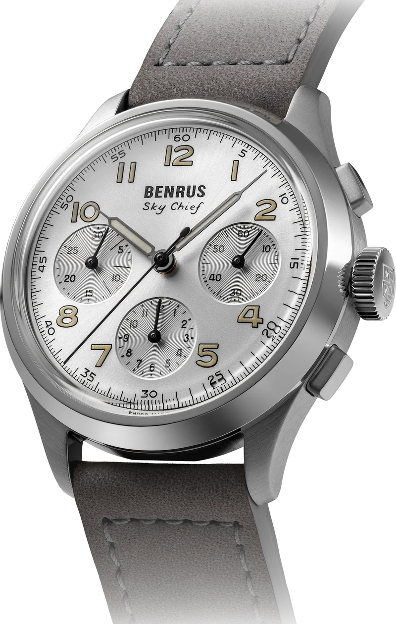 BENRUS Sky-Chief Cirrus White 36mm ETA 2894 COSC Swiss Chronograph Swiss Made Watch
