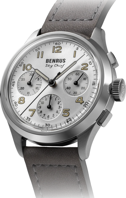 BENRUS Sky-Chief Cirrus White 36mm ETA 2894 COSC Swiss Chronograph Swiss Made Watch