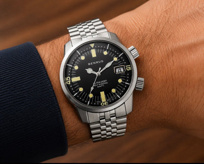 New BENRUS Ultra-Deep Automatic Dive Watch 36.5mm Black Dial Swiss Made 200M