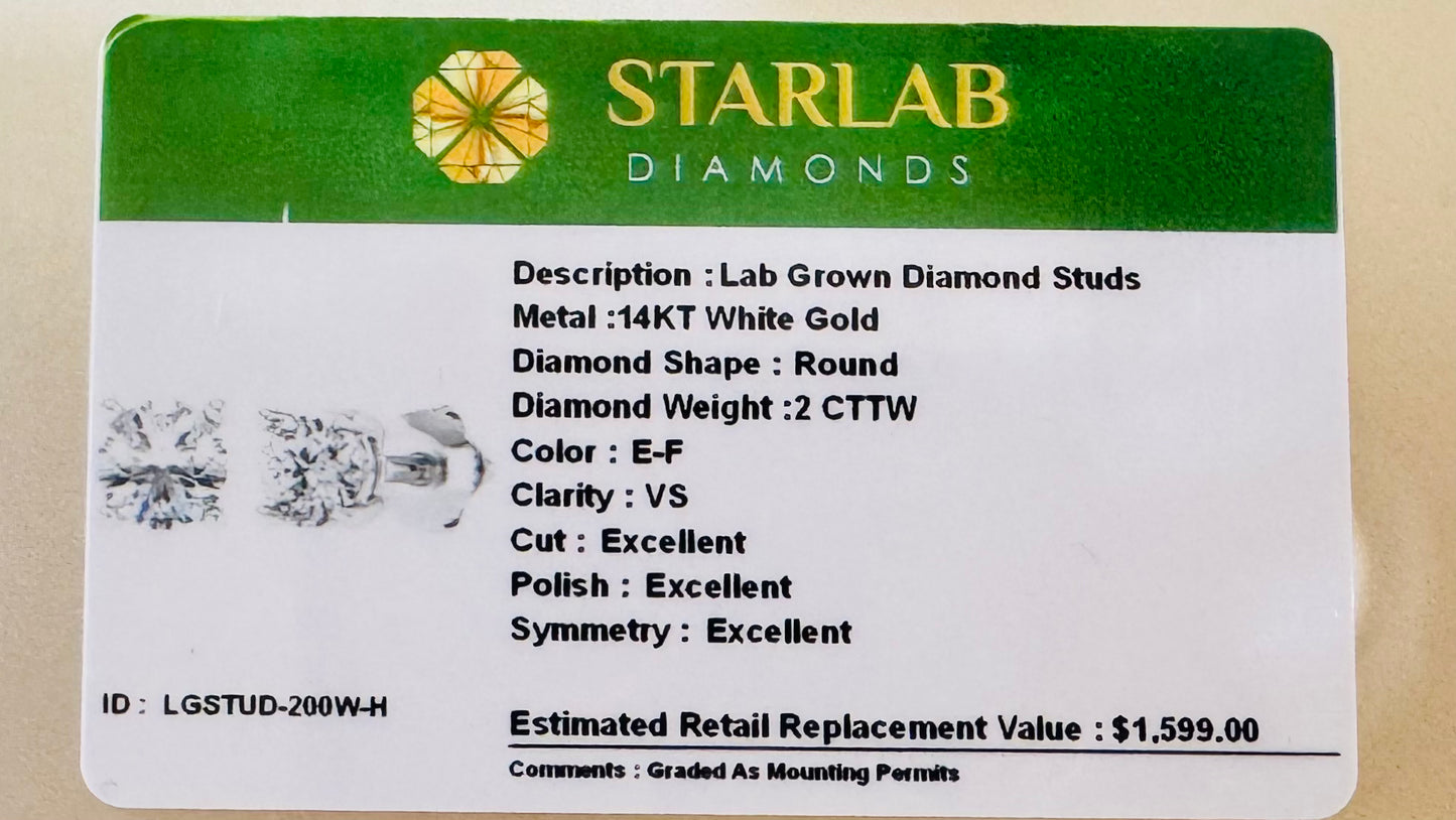 2.00 CT Certified Lab Grown Diamond Stud Earrings VS1 E Color 14K White Gold 7mm