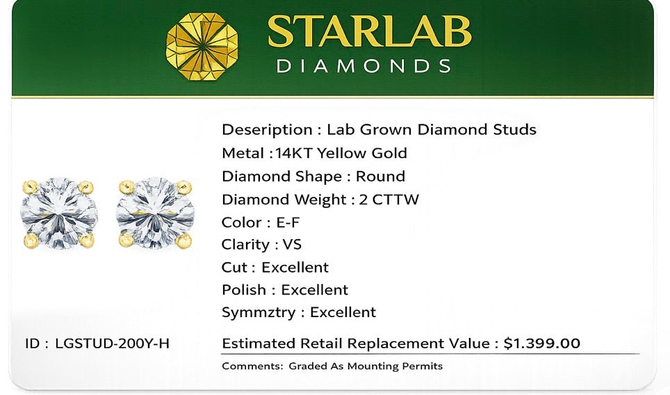 2 Ct Round Cut VS1/E Certified Lab Grown Diamond Stud Earrings 14k Solid Yellow Gold Screw Back