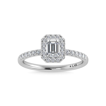 14K White Gold Lab Grown Diamond 2 1/4 Ct.Tw. IGI Certified Emerald Shape Halo Engagement Ring