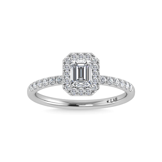 14K White Gold Lab Grown Diamond 2 1/4 Ct.Tw. IGI Certified Emerald Shape Halo Engagement Ring