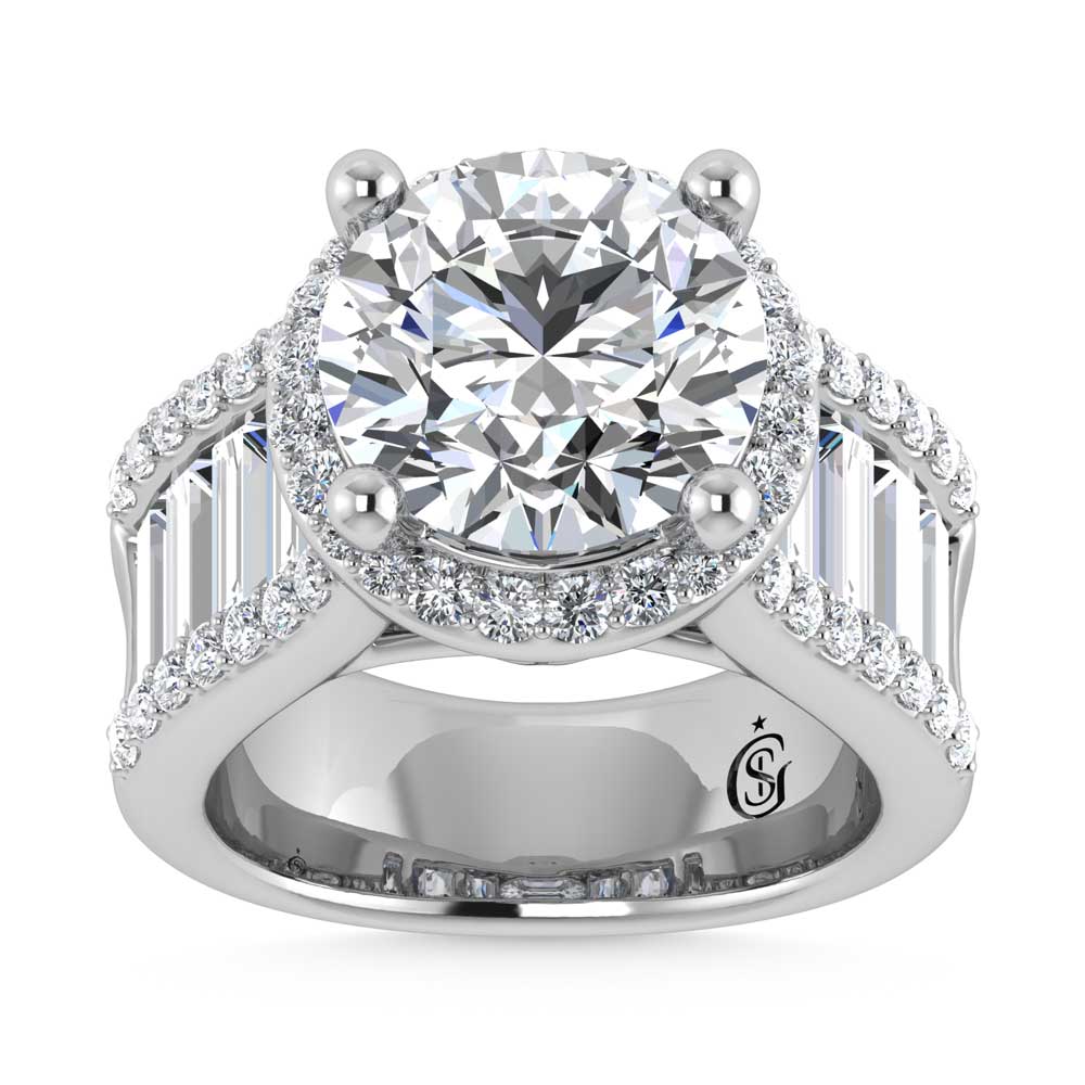 14K White Gold Lab Grown Diamond 8 Ct.Tw. Straight Baguette Shank Engagement Ring (Center Round)
