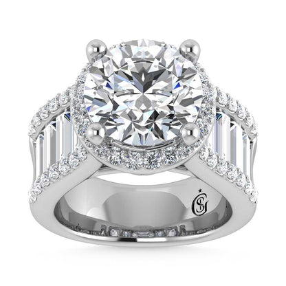 14K White Gold Lab Grown Diamond 8 Ct.Tw. Straight Baguette Shank Engagement Ring (Center Round)