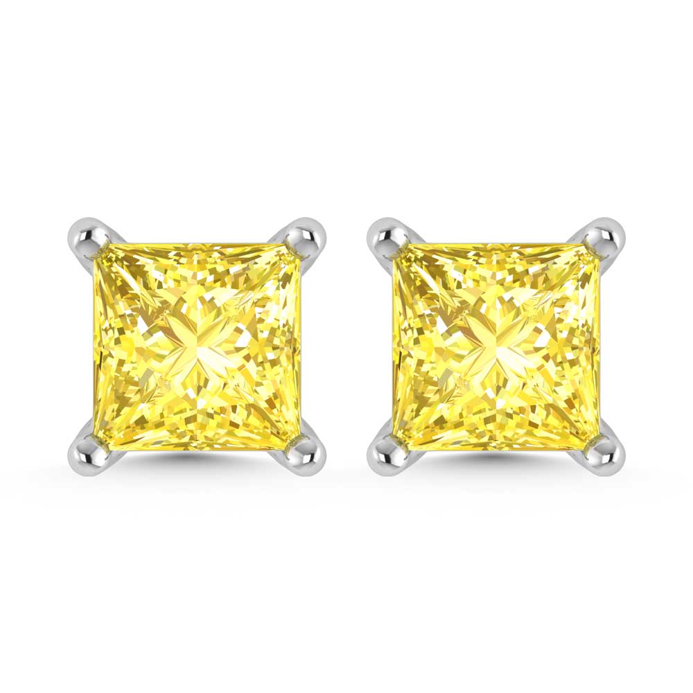 14K White Gold Lab Grown Yellow Diamond 1 1/2 Ct.Tw. Princess Stud Earrings